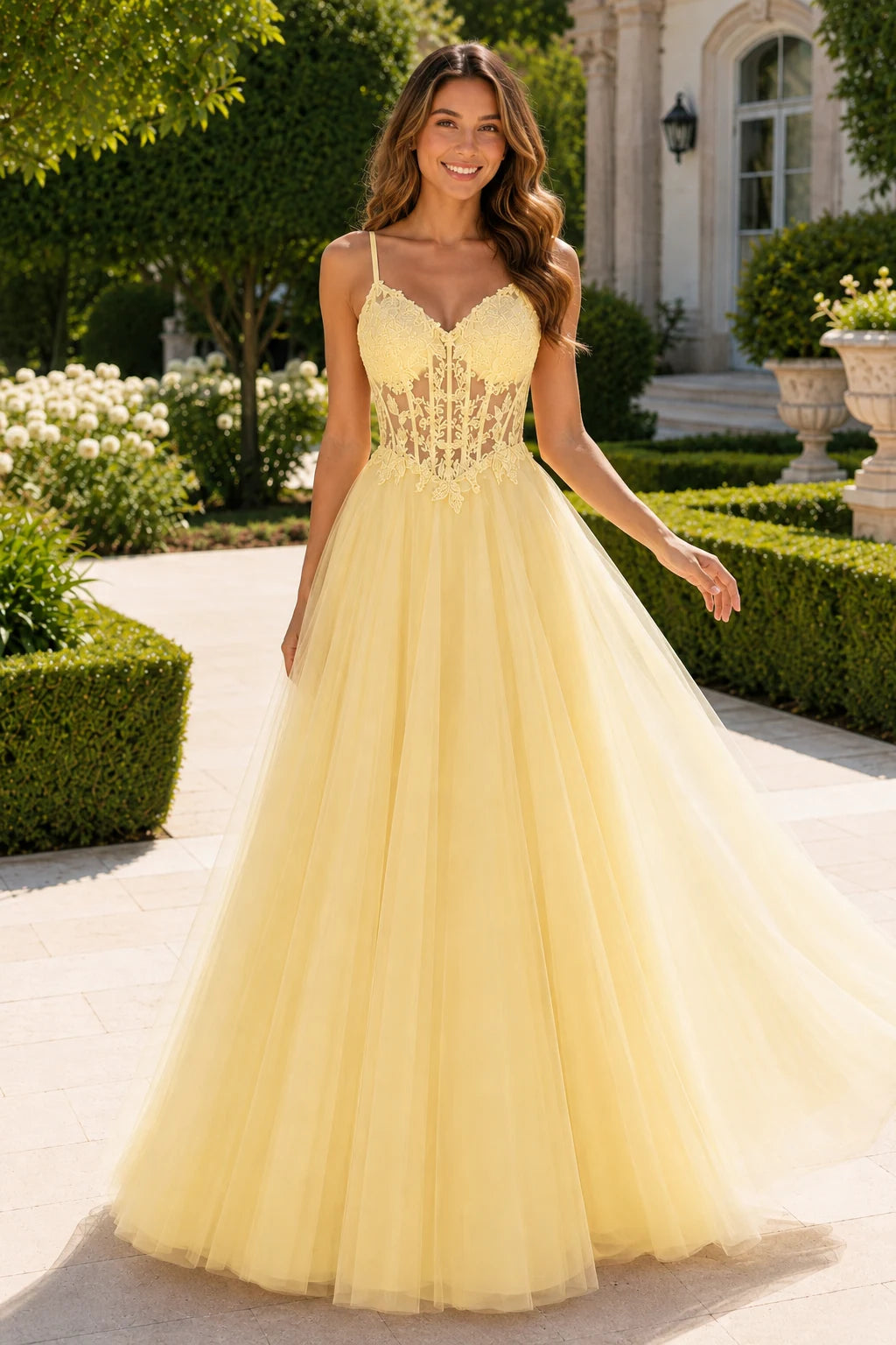 Solara Sweetheart Corset Tulle Ball Gown Prom Dress in Yellow prom gown, front view