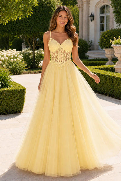 Solara Sweetheart Corset Tulle Ball Gown Prom Dress in Yellow prom gown, front view