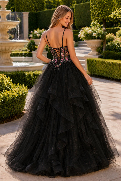 Elysia Beaded Corset Tulle Ball Gown Prom Dress in Black prom gown, back view