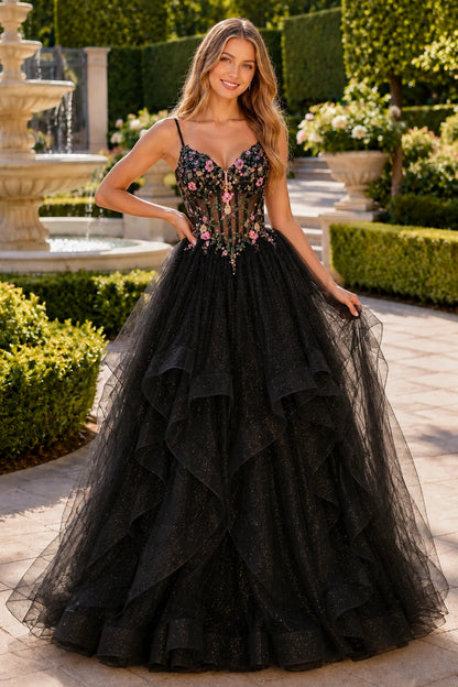 Elysia Beaded Corset Tulle Ball Gown Prom Dress in Black prom gown, front view