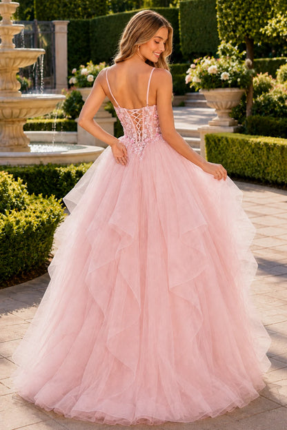 Elysia Beaded Corset Tulle Ball Gown Prom Dress in Blush Pink prom gown, back view
