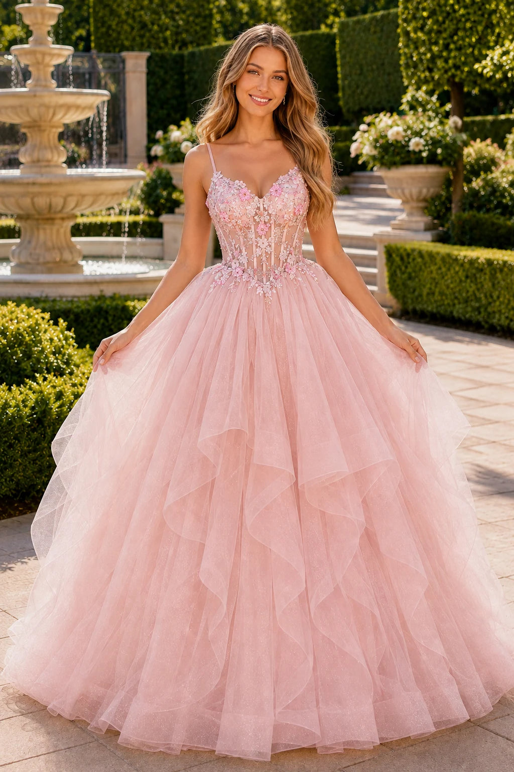 Elysia Beaded Corset Tulle Ball Gown Prom Dress in Blush Pink prom gown, front view