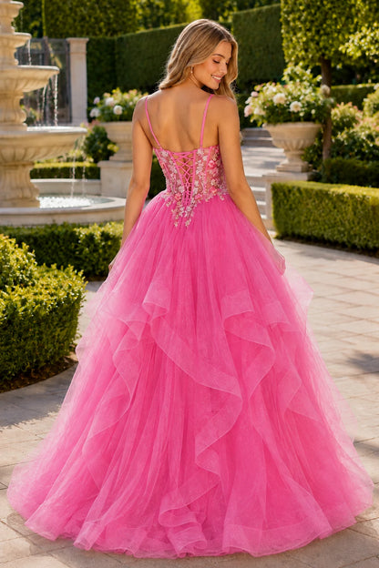 Elysia Beaded Corset Tulle Ball Gown Prom Dress in Bright Rose Pink prom gown, back view