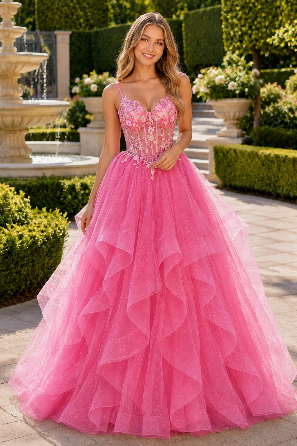 Elysia Beaded Corset Tulle Ball Gown Prom Dress in Bright Rose Pink prom gown, front view
