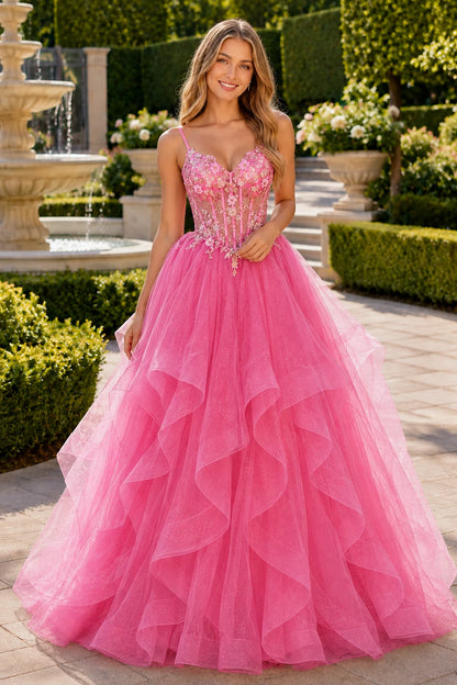 Elysia Beaded Corset Tulle Ball Gown Prom Dress in Bright Rose Pink prom gown, front view