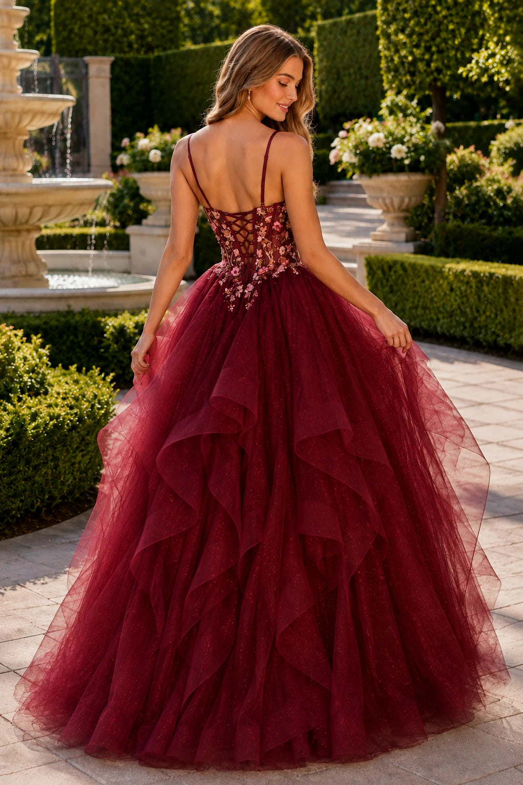 Elysia Beaded Corset Tulle Ball Gown Prom Dress in Burgundy prom gown, back view