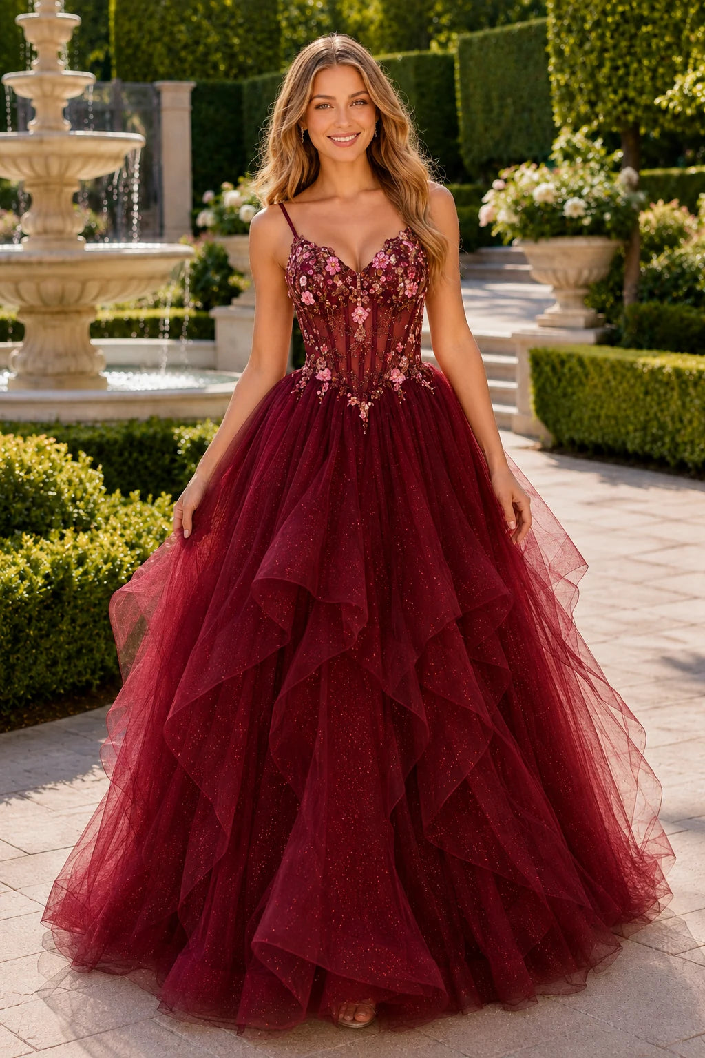 Elysia Beaded Corset Tulle Ball Gown Prom Dress in Burgundy prom gown, front view