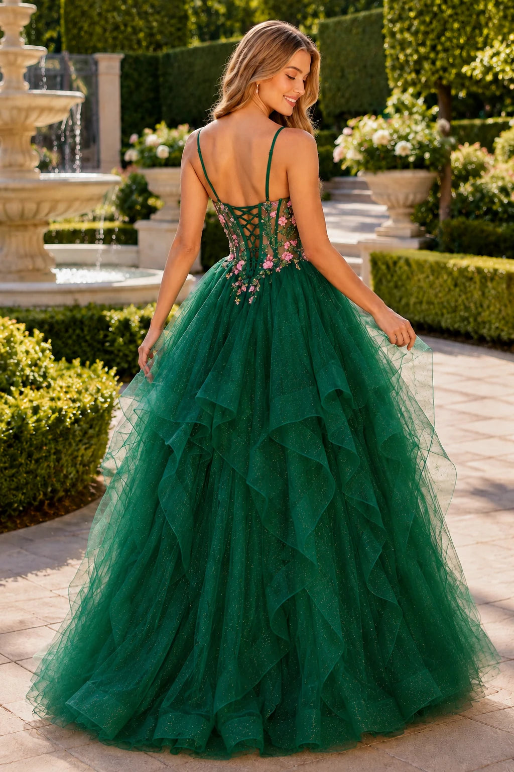 Elysia Beaded Corset Tulle Ball Gown Prom Dress in Emerald Green prom gown, back view