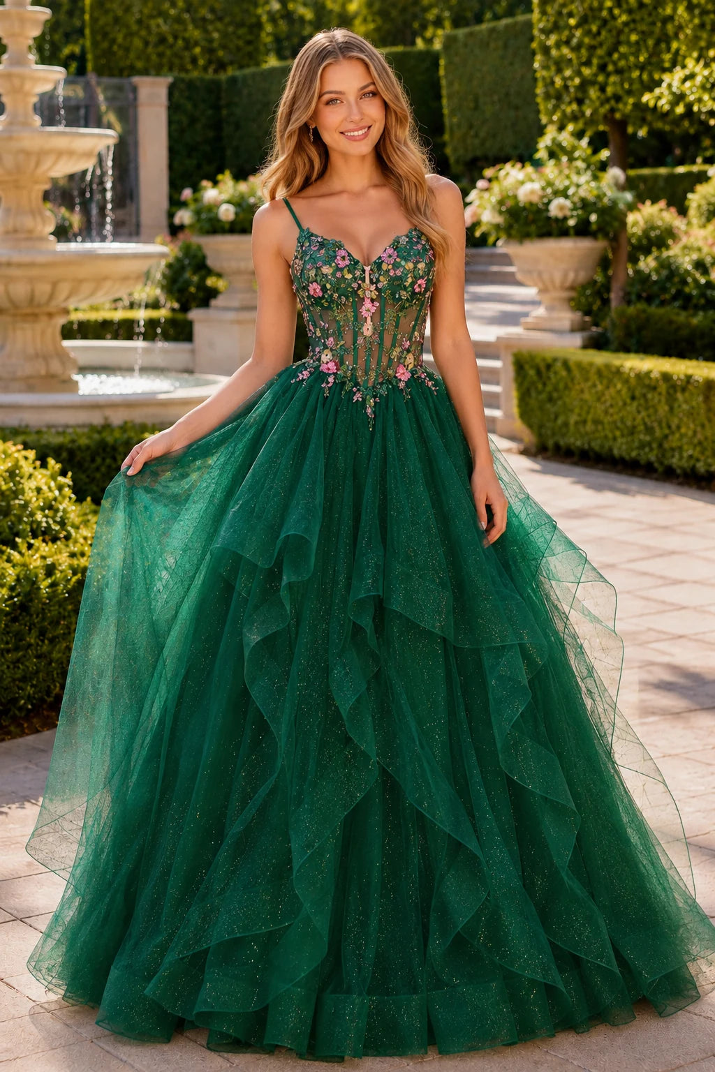 Elysia Beaded Corset Tulle Ball Gown Prom Dress in Emerald Green prom gown, front view