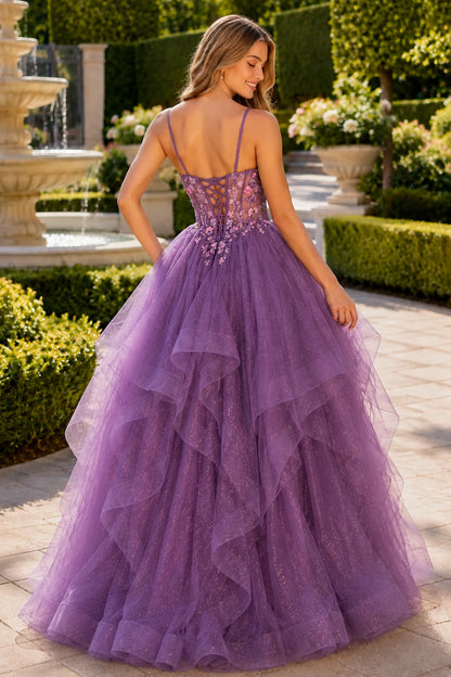 Elysia Beaded Corset Tulle Ball Gown Prom Dress in Gemstone Purple prom gown, back view