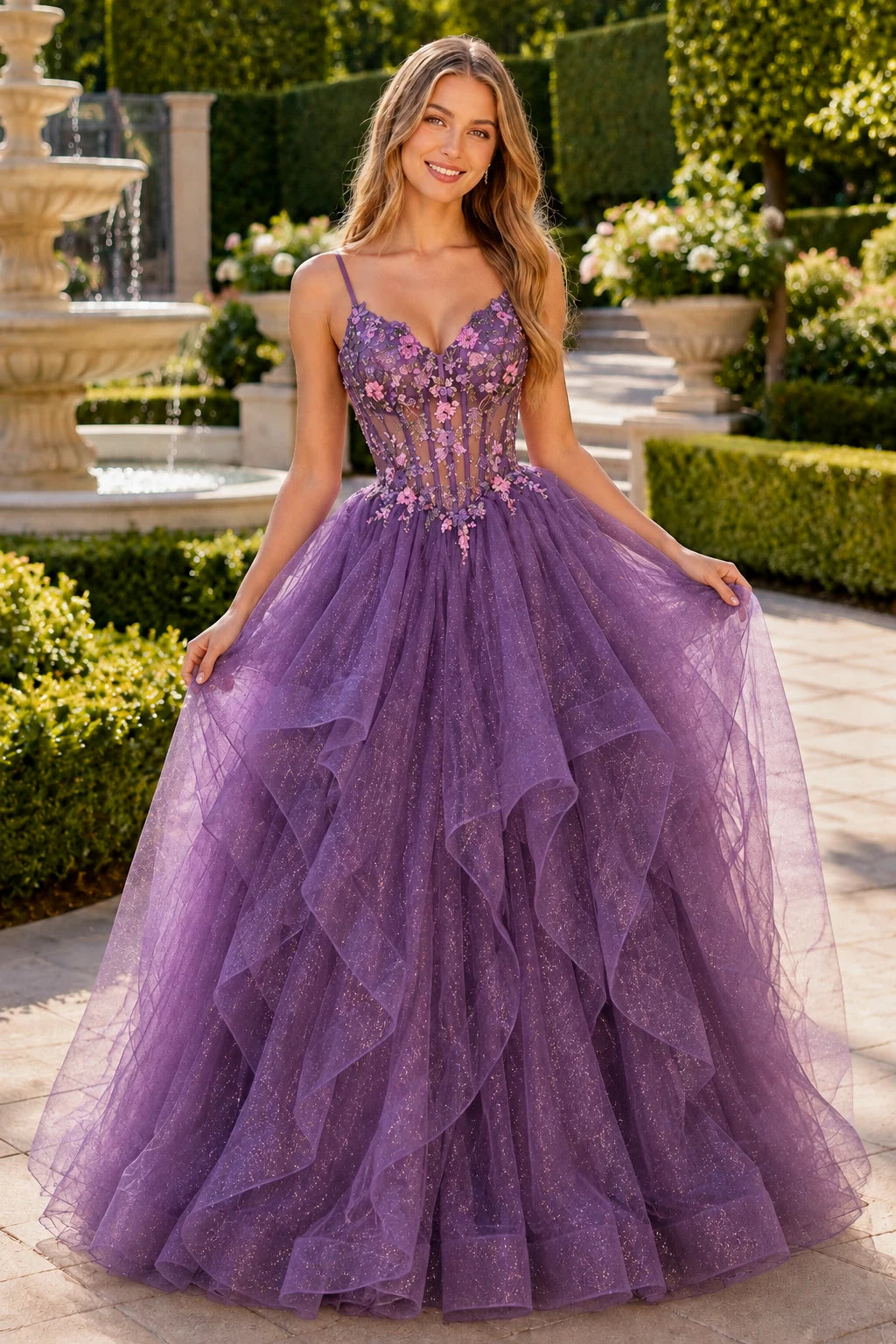 Elysia Beaded Corset Tulle Ball Gown Prom Dress in Gemstone Purple prom gown, front view