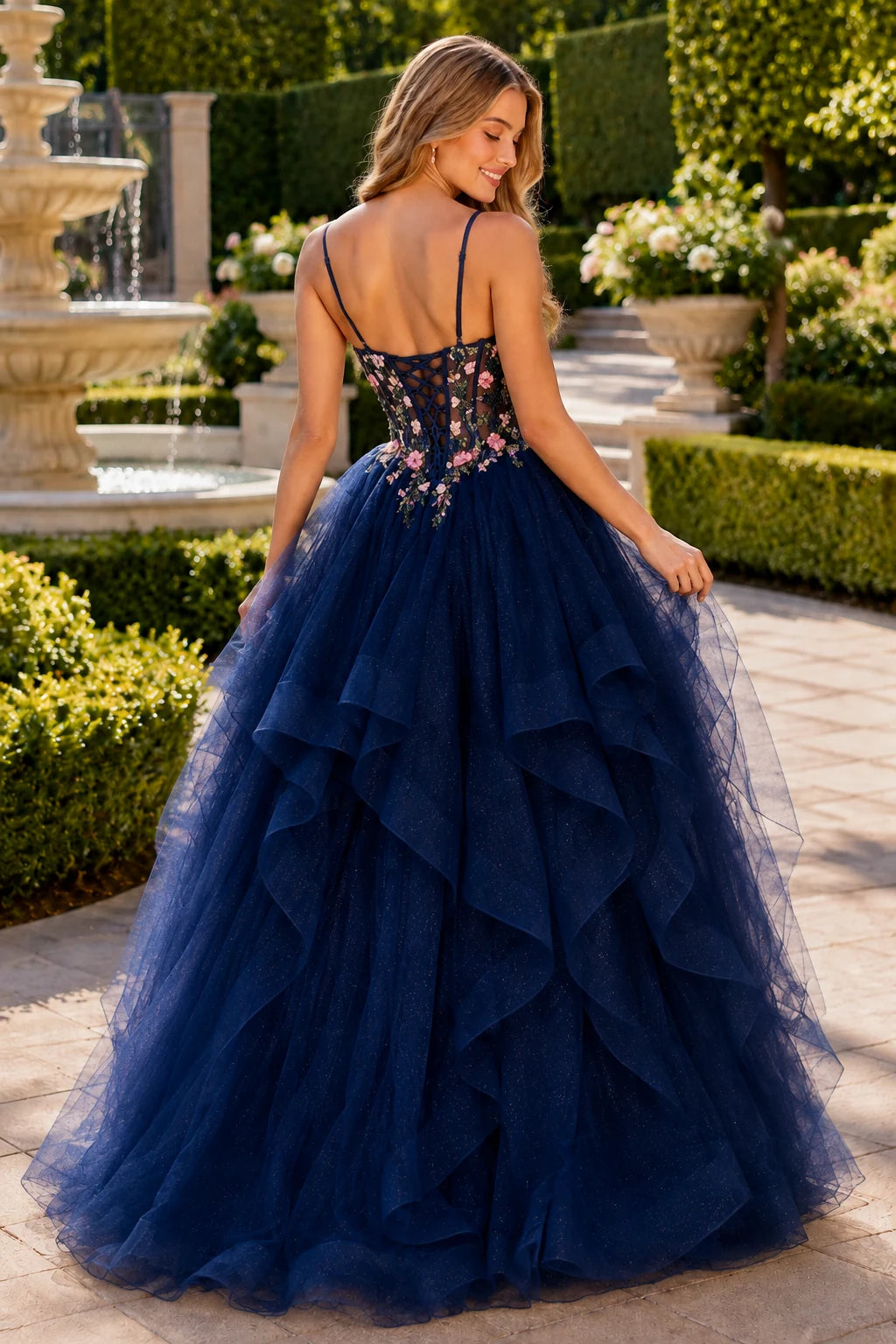 Elysia Beaded Corset Tulle Ball Gown Prom Dress in Midnight Navy prom gown, back view