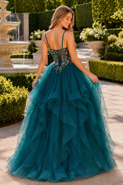 Elysia Beaded Corset Tulle Ball Gown Prom Dress in Peacock Teal prom gown, back view