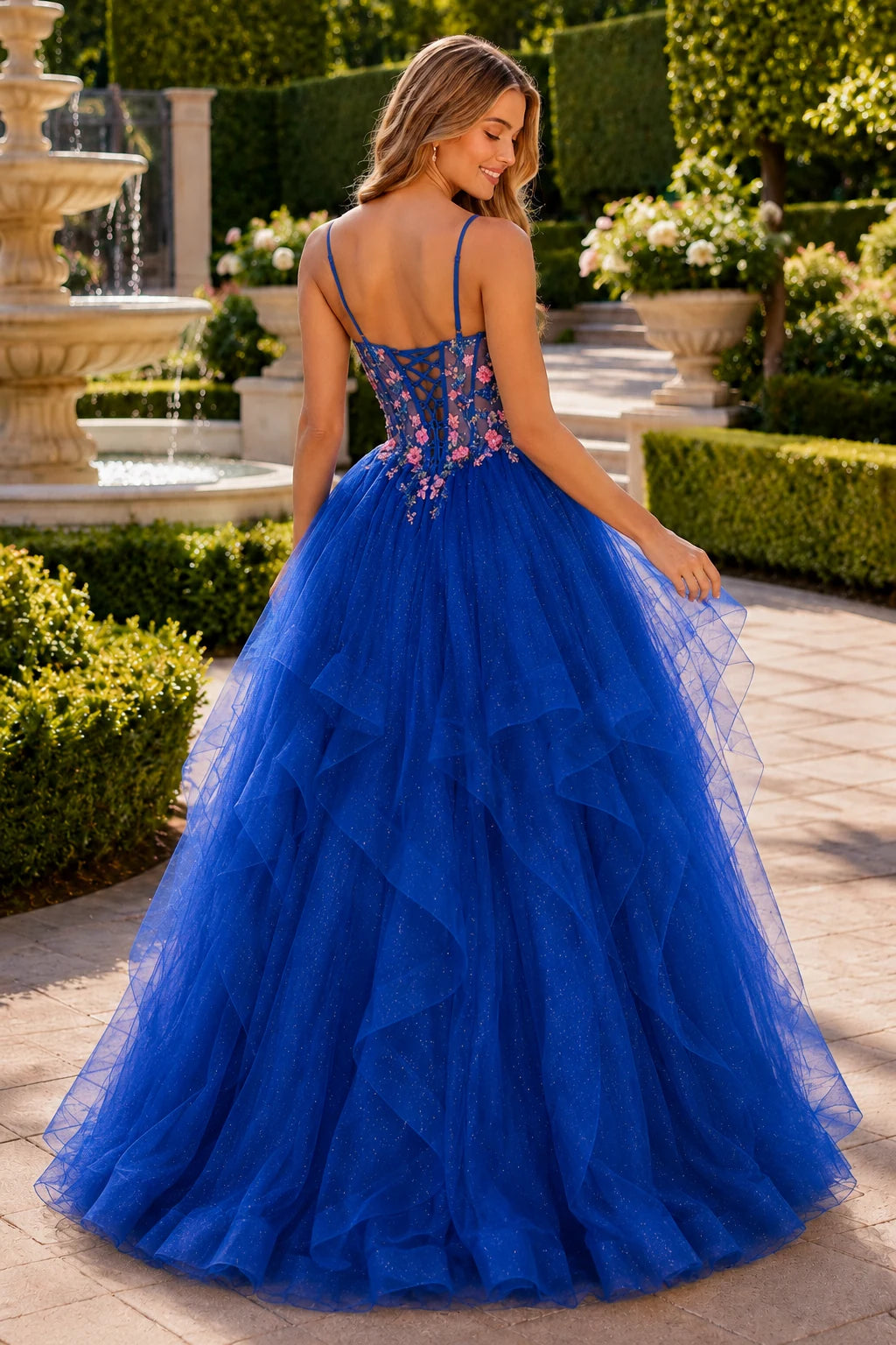 Elysia Beaded Corset Tulle Ball Gown Prom Dress in Royal Blue prom gown, back view