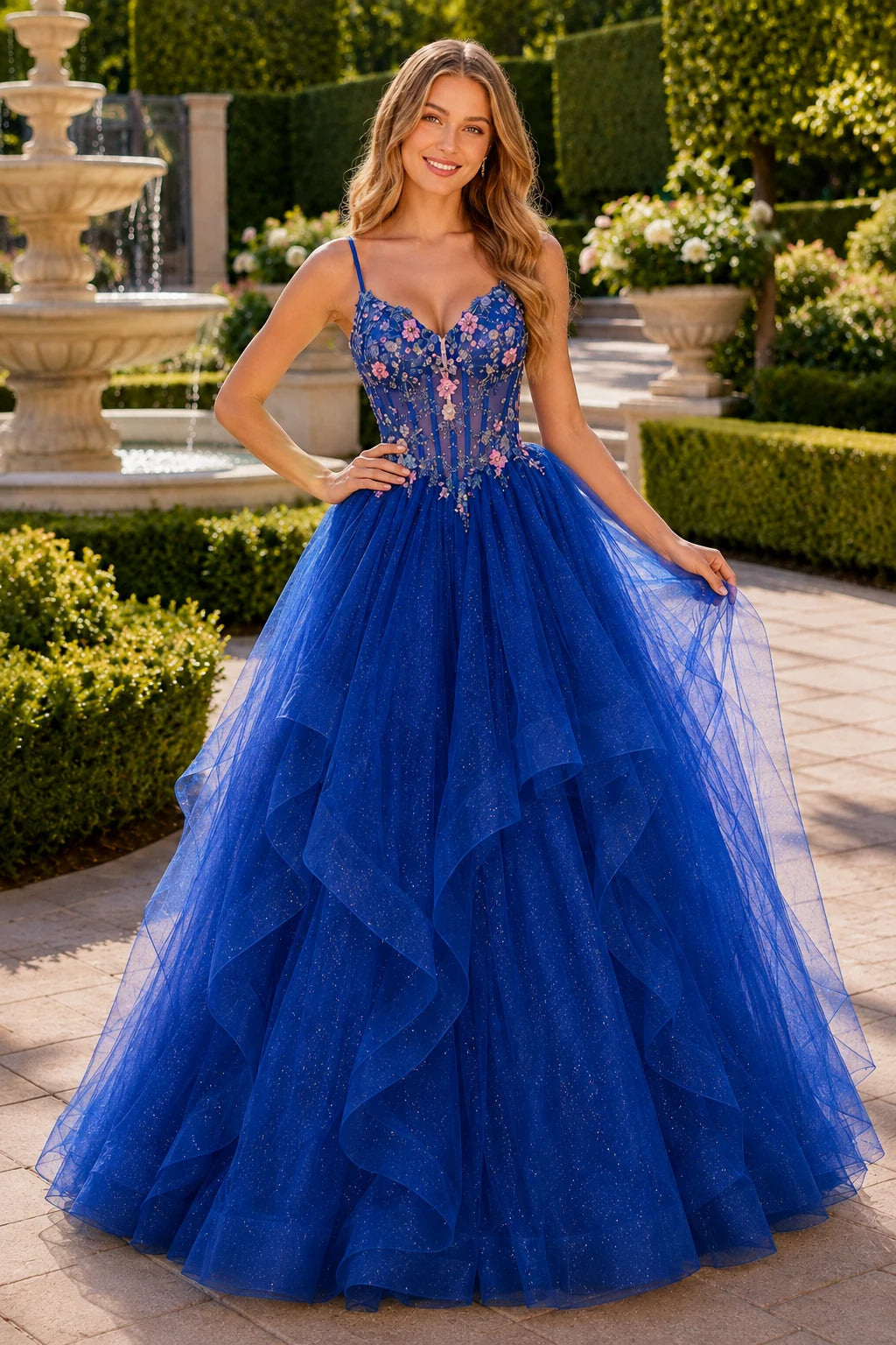 Elysia Beaded Corset Tulle Ball Gown Prom Dress in Royal Blue prom gown, front view