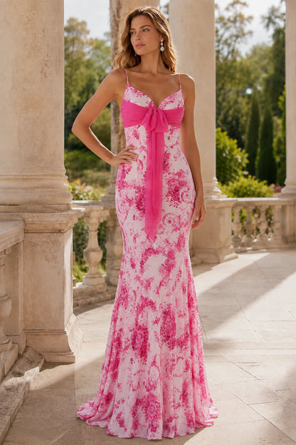 Seraphine Strapless Floral Mermaid Prom Dress in Bright Rose Pink Floral prom gown, front view