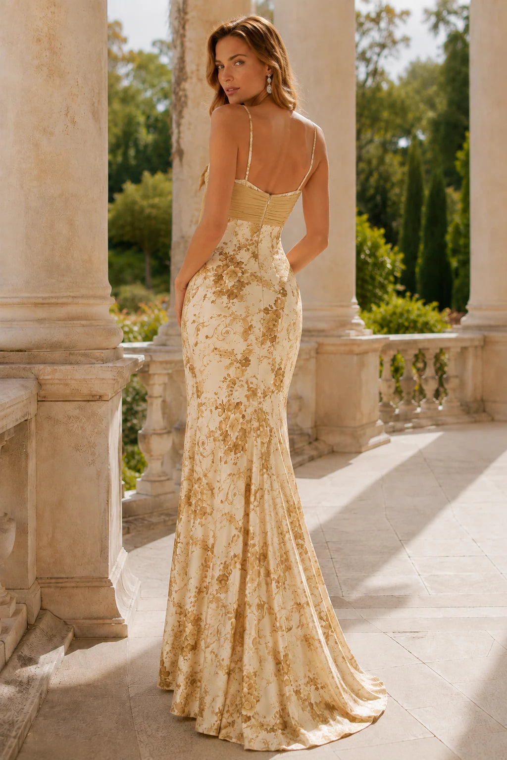 Seraphine Strapless Floral Mermaid Prom Dress in Champagne Gold Floral prom gown, back view