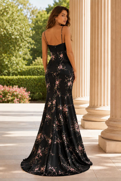 Cressida Strapless Floral Mermaid Prom Dress in Black Floral prom gown, back view
