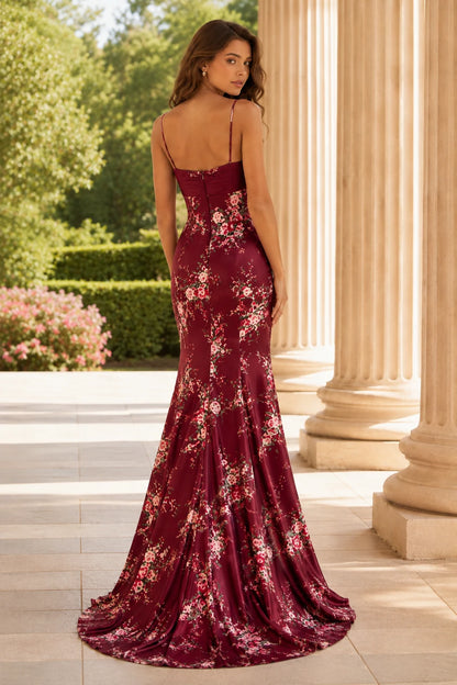Cressida Strapless Floral Mermaid Prom Dress in Burgundy Floral prom gown, back view