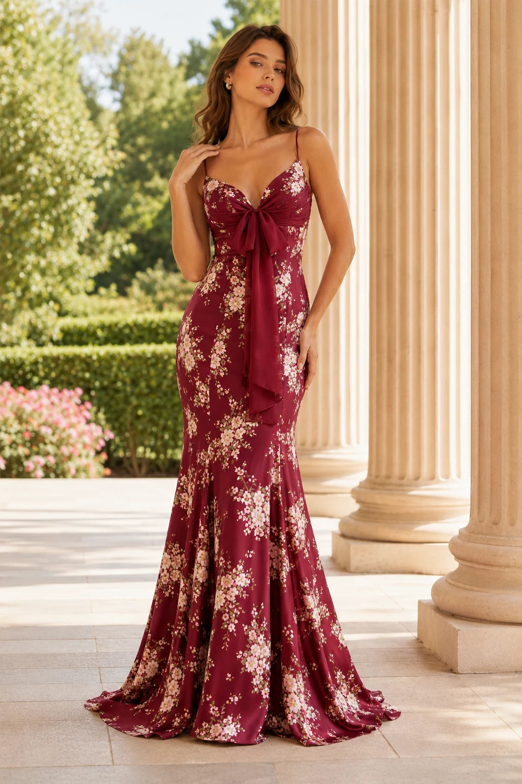 Cressida Strapless Floral Mermaid Prom Dress in Burgundy Floral prom gown, front view