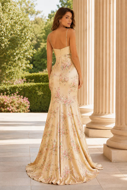 Cressida Strapless Floral Mermaid Prom Dress in Champagne Gold Floral prom gown, back view