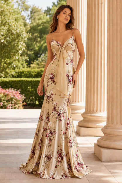 Cressida Strapless Floral Mermaid Prom Dress in Champagne Gold Floral prom gown, front view