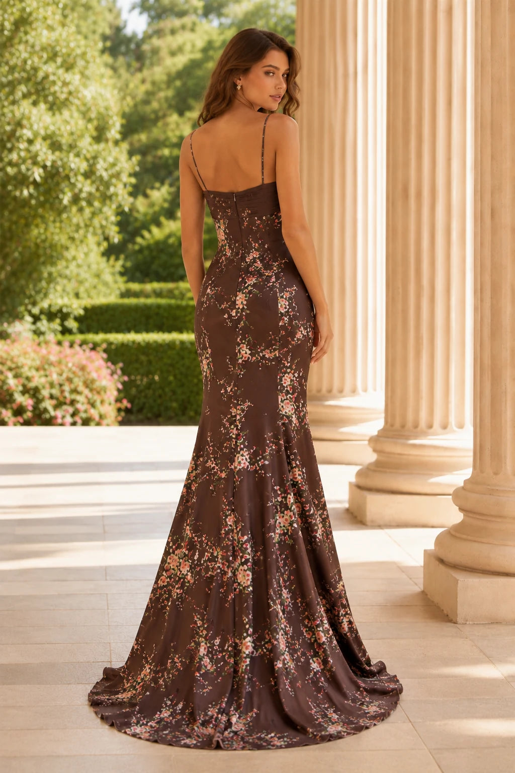 Cressida Strapless Floral Mermaid Prom Dress in Chocolate Brown Floral prom gown, back view