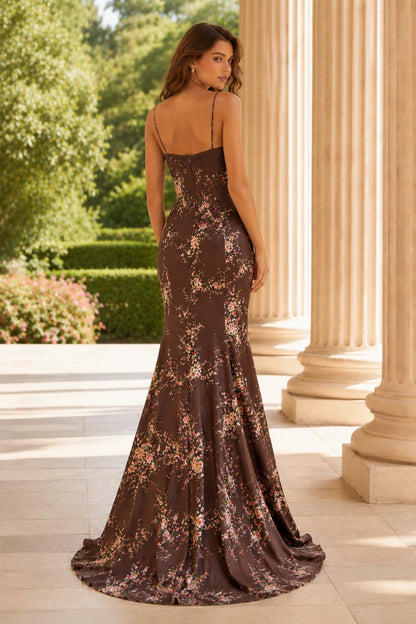 Cressida Strapless Floral Mermaid Prom Dress in Chocolate Brown Floral prom gown, back view