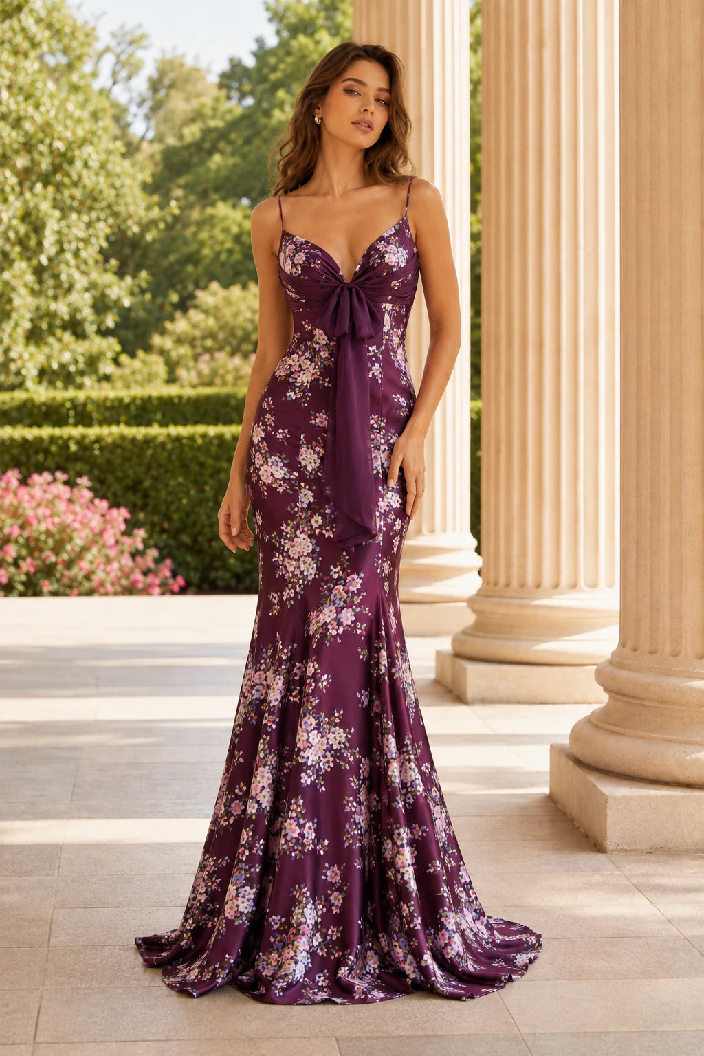 Cressida Strapless Floral Mermaid Prom Dress in Deep Plum Floral prom gown, front view