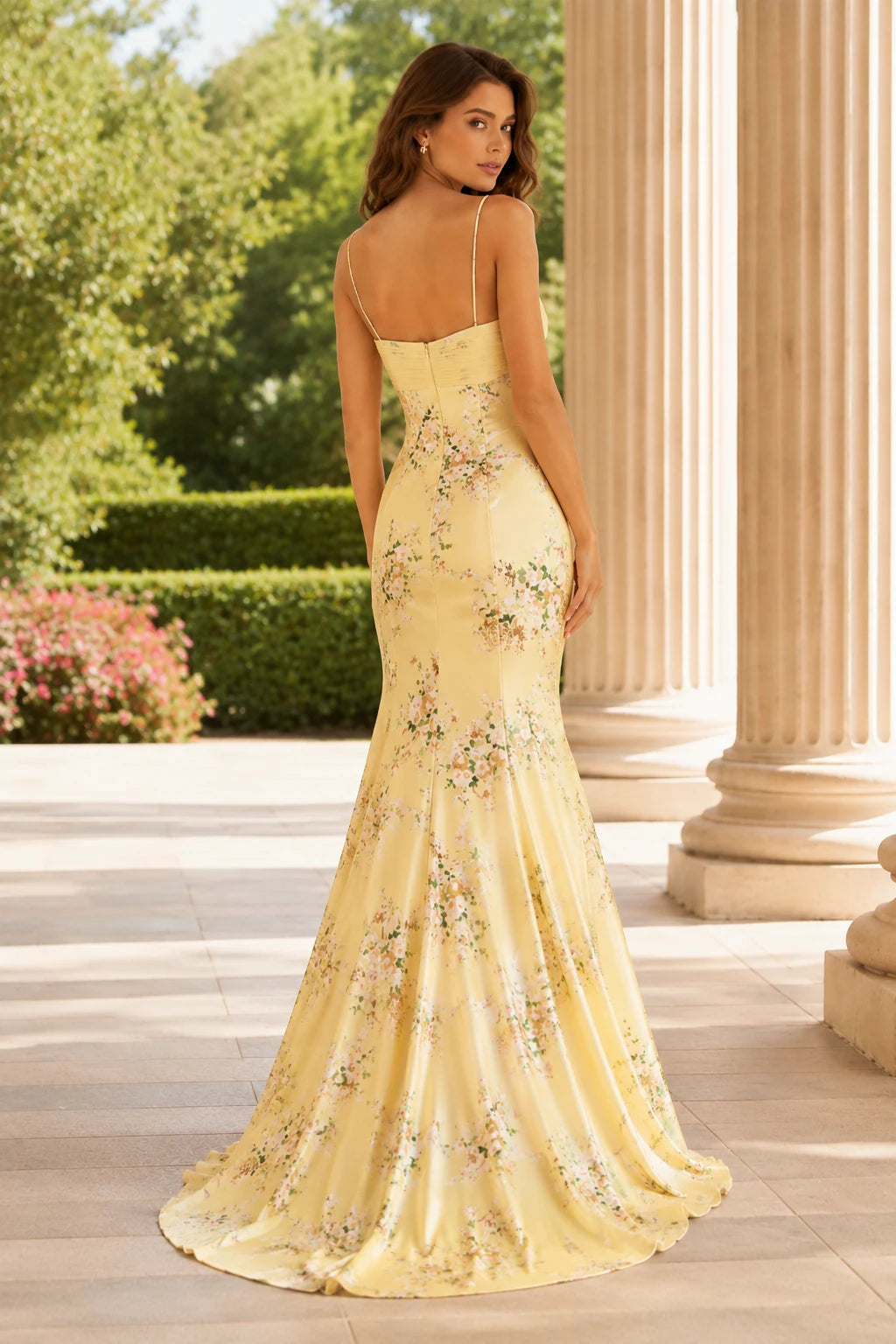 Cressida Strapless Floral Mermaid Prom Dress in Yellow Floral prom gown, back view
