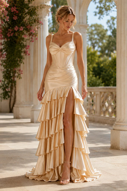 Vivienne Strapless Tiered Ruffle Prom Dress with Slit in Champagne Gold prom gown, front view