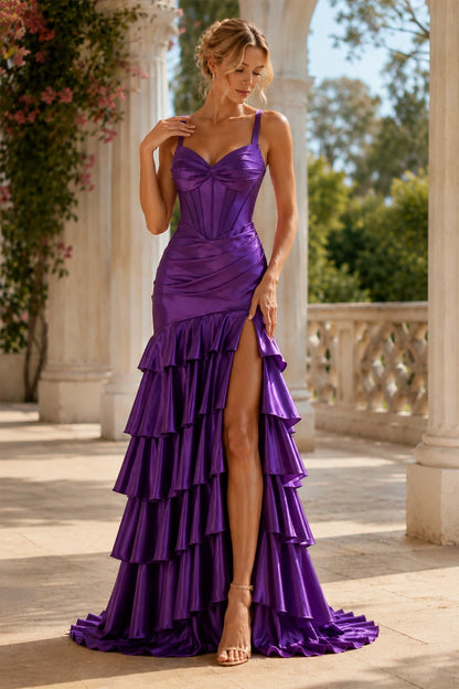 Vivienne Strapless Tiered Ruffle Prom Dress with Slit in Purple prom gown, front view