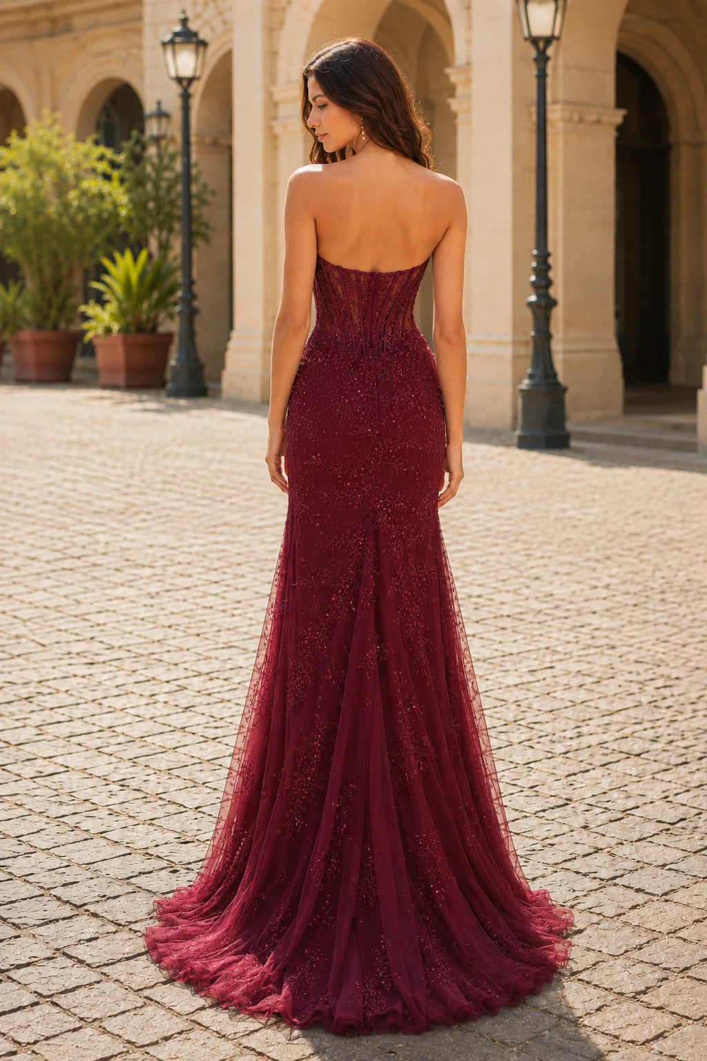 Amelie Strapless Sequin Mermaid Prom Dress with Slit in Burgundy prom gown, back view