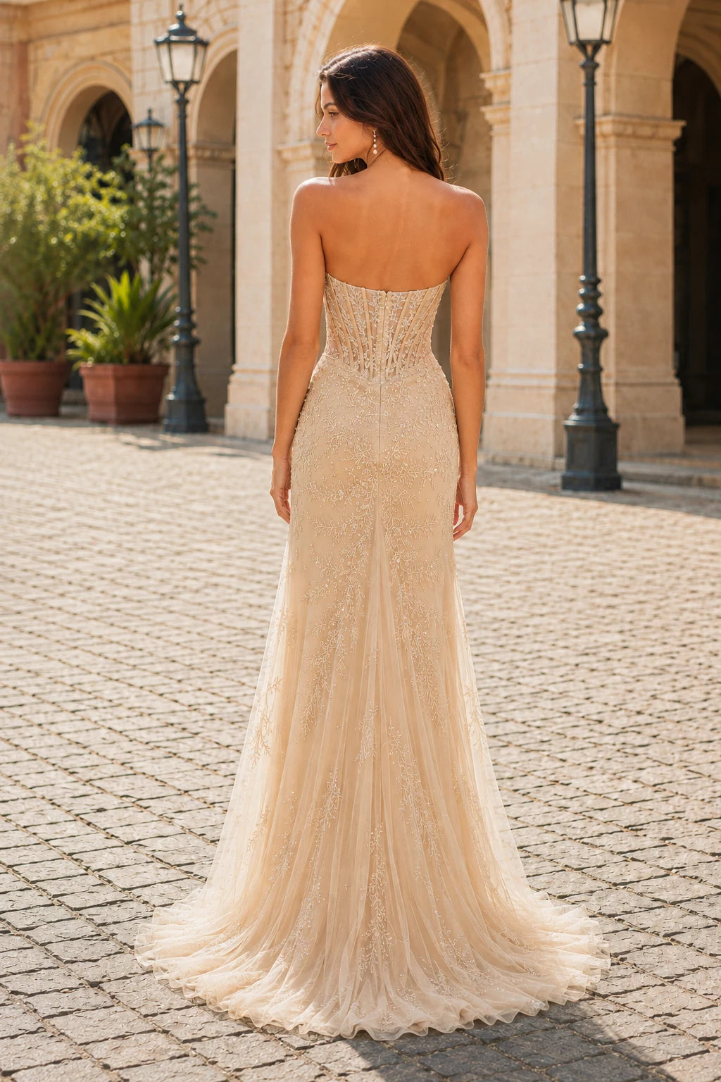 Amelie Strapless Sequin Mermaid Prom Dress with Slit in Champagne Gold prom gown, back view