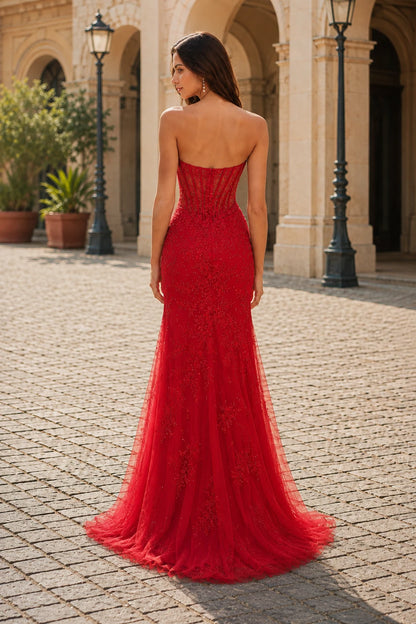 Amelie Strapless Sequin Mermaid Prom Dress with Slit in Cherry Red prom gown, back view