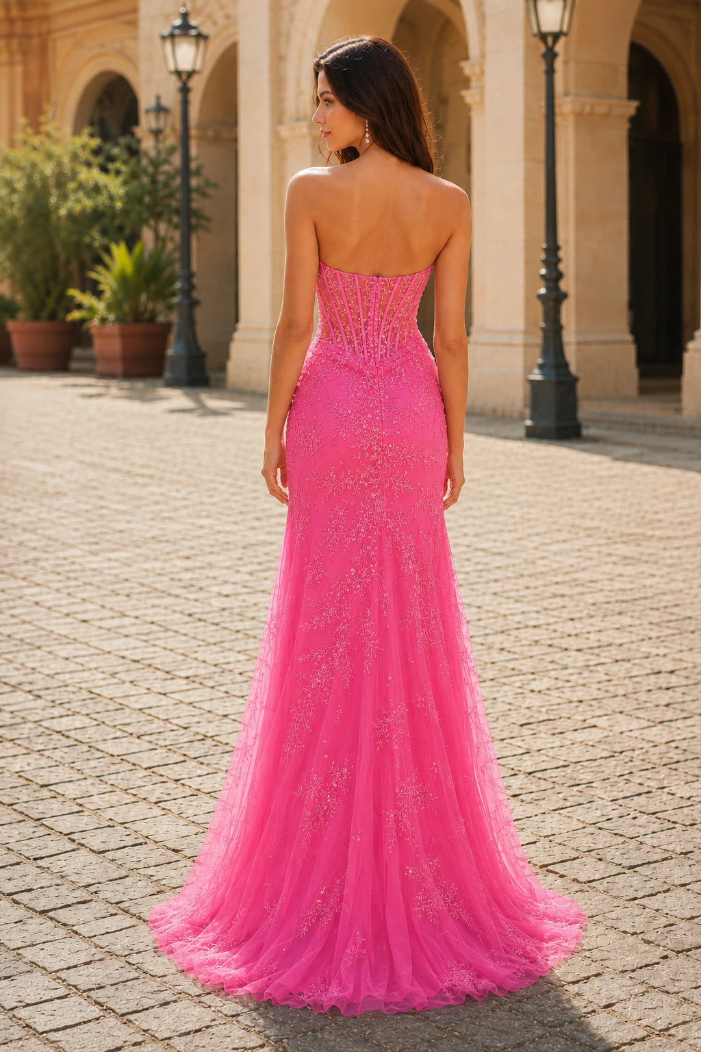 Amelie Strapless Sequin Mermaid Prom Dress with Slit in Hot Pink prom gown, back view