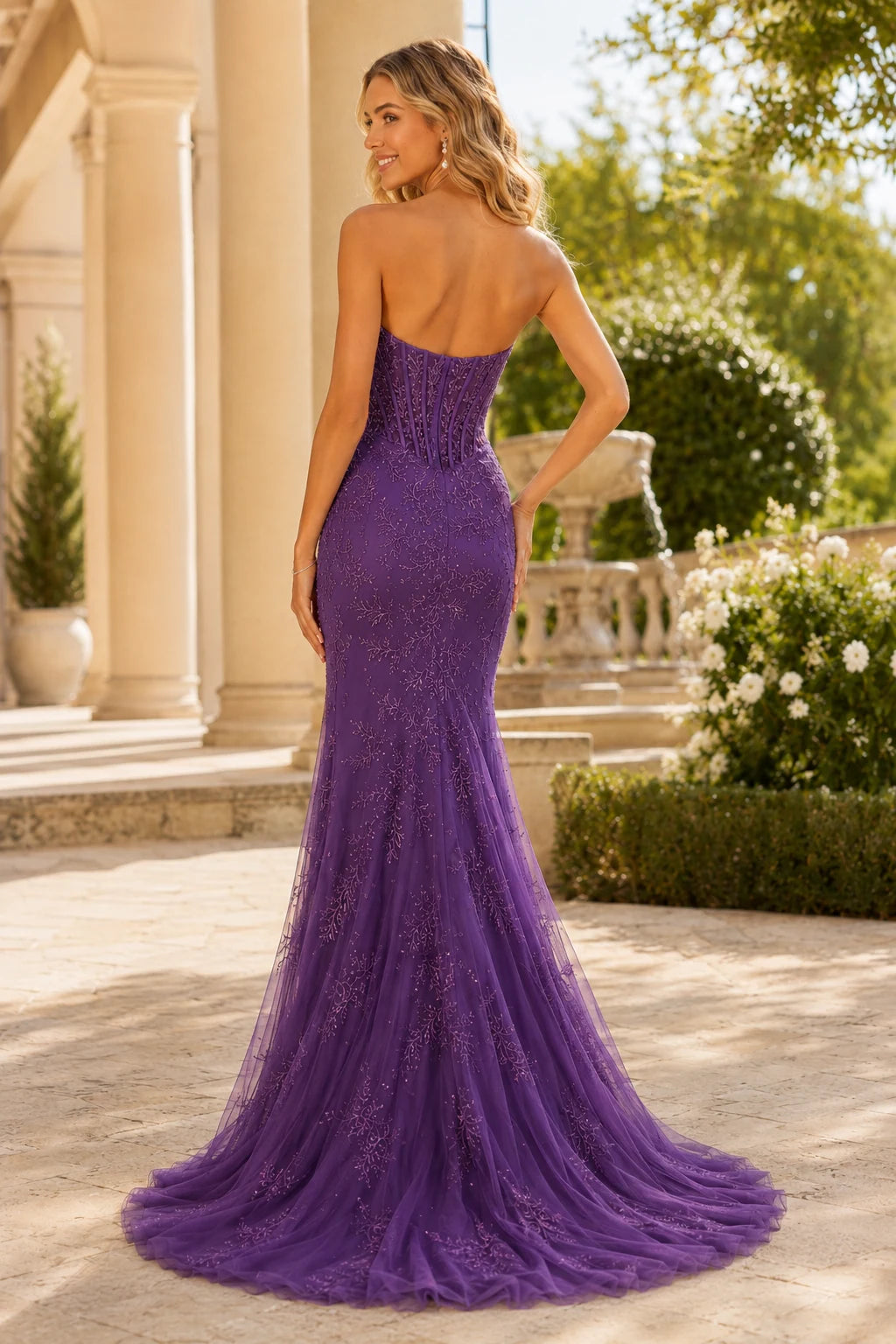 Colette Strapless Fringe Mermaid Prom Dress with Slit in Black prom gown, back view