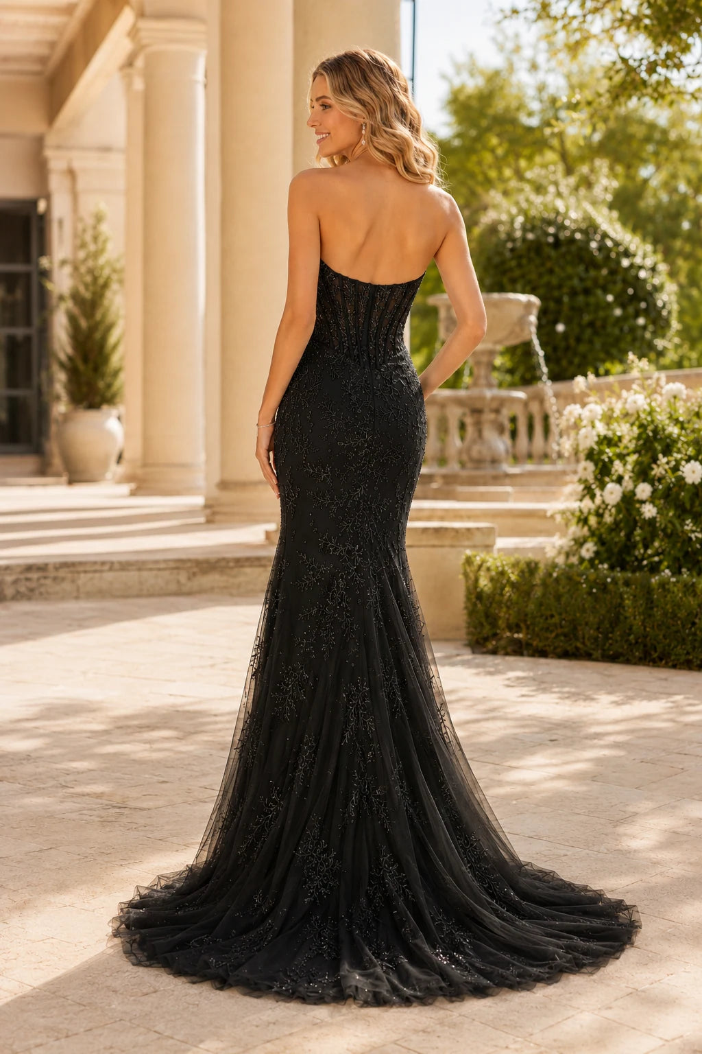 Colette Strapless Fringe Mermaid Prom Dress with Slit in Cherry Red prom gown, back view