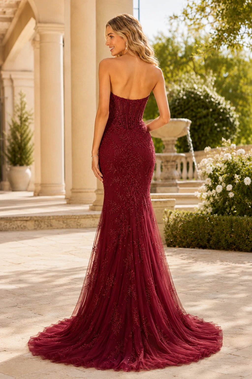 Colette Strapless Fringe Mermaid Prom Dress with Slit in Peacock Teal prom gown, back view