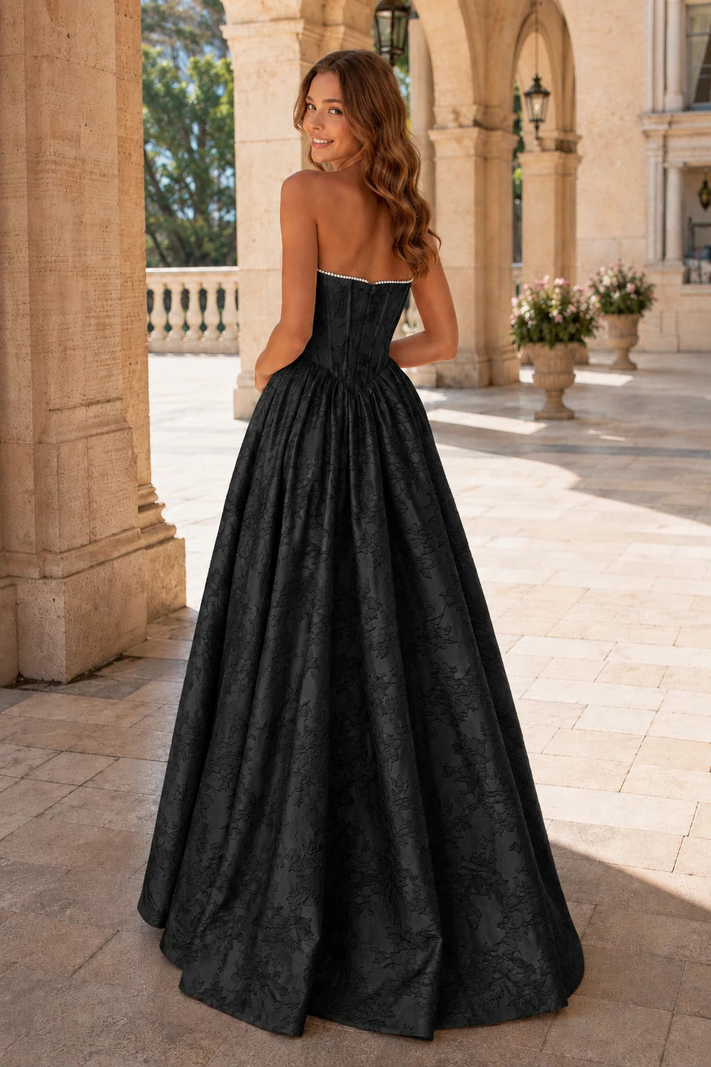 Sabine Corset Satin A-Line Prom Dress with Slit in Black prom gown, back view