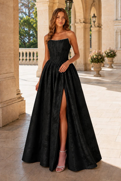 Sabine Corset Satin A-Line Prom Dress with Slit in Black prom gown, front view