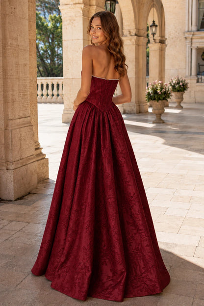 Sabine Corset Satin A-Line Prom Dress with Slit in Burgundy prom gown, back view
