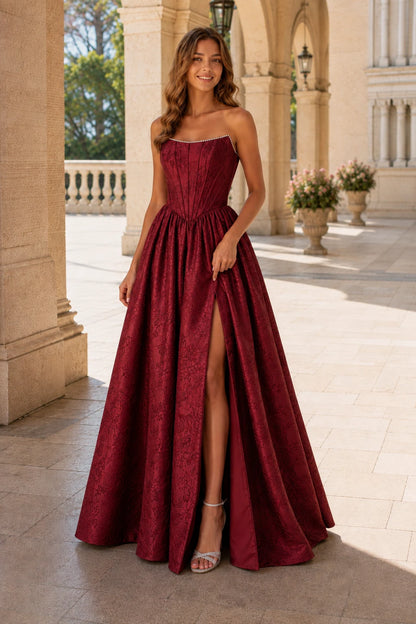 Sabine Corset Satin A-Line Prom Dress with Slit in Burgundy prom gown, front view
