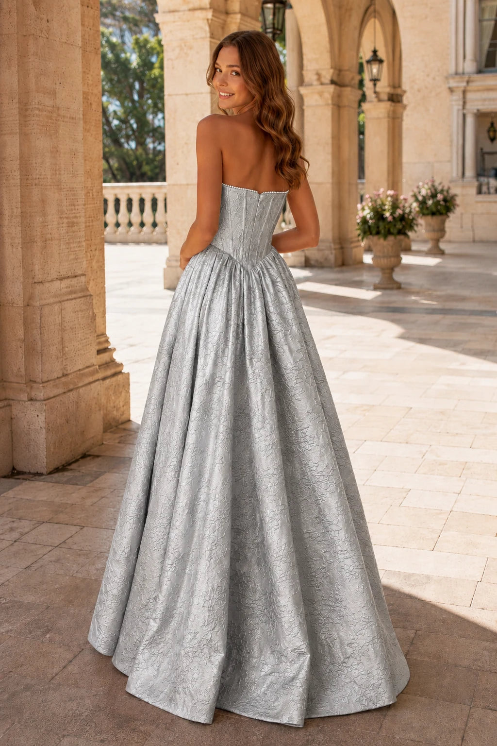 Sabine Corset Satin A-Line Prom Dress with Slit in Champagne Gold prom gown, back view