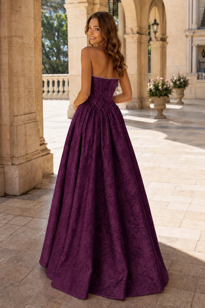 Sabine Corset Satin A-Line Prom Dress with Slit in Cherry Red prom gown, back view
