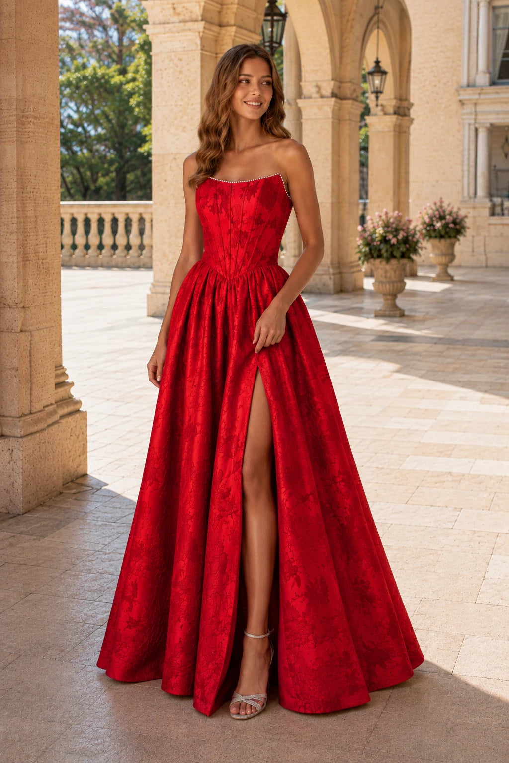 Sabine Corset Satin A-Line Prom Dress with Slit in Cherry Red prom gown, front view