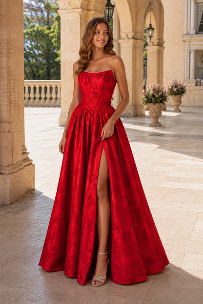 Sabine Corset Satin A-Line Prom Dress with Slit in Cherry Red prom gown, front view
