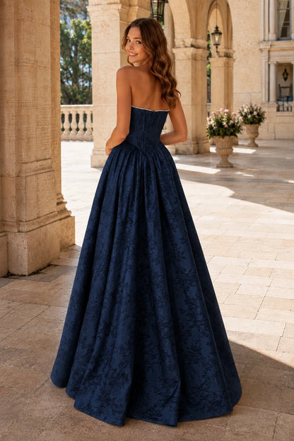 Sabine Corset Satin A-Line Prom Dress with Slit in Deep Plum prom gown, back view