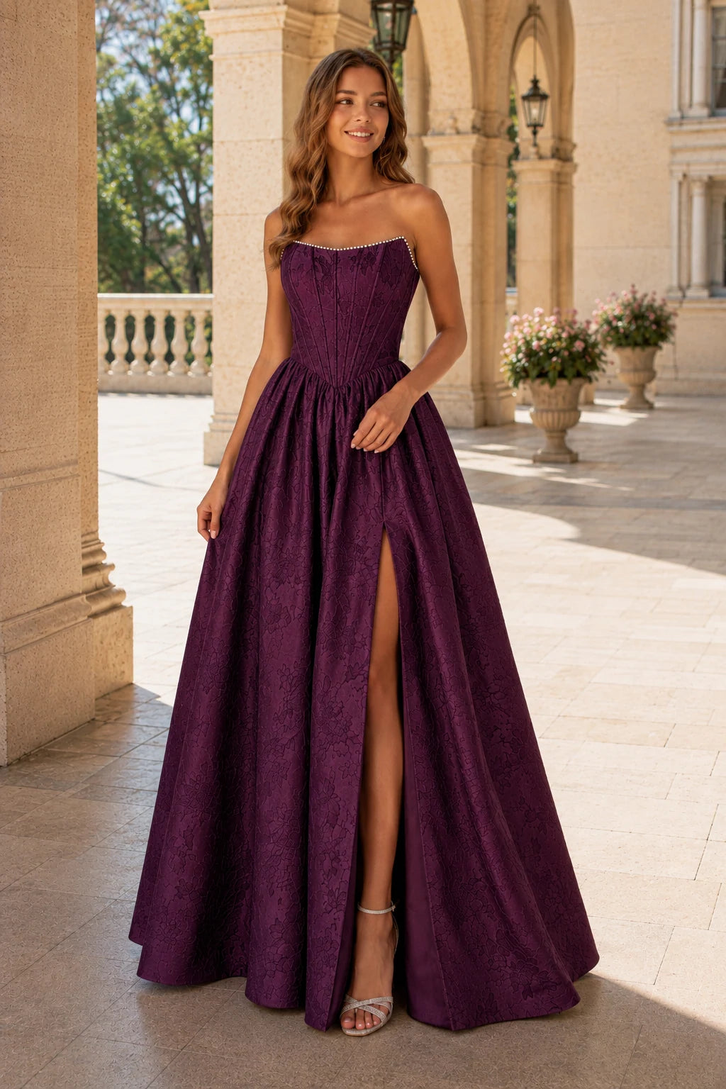 Sabine Corset Satin A-Line Prom Dress with Slit in Deep Plum prom gown, front view