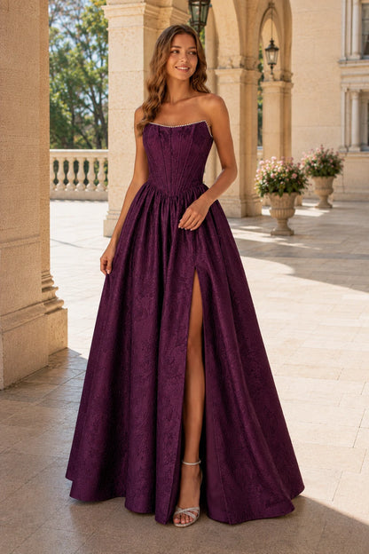 Sabine Corset Satin A-Line Prom Dress with Slit in Deep Plum prom gown, front view